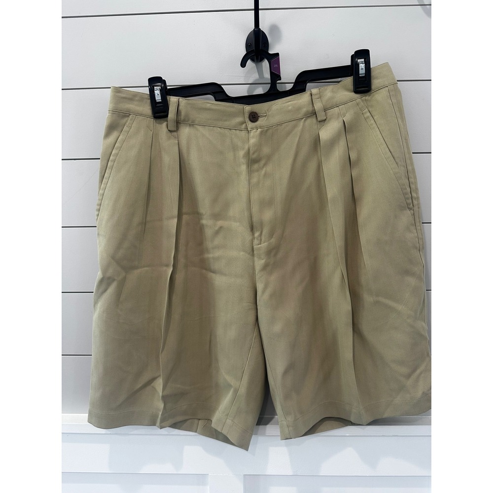 Tommy Bahama Relax Mens 36 Khaki 100% Silk Herringbone Pleat Shorts Tan 9 Inseam
